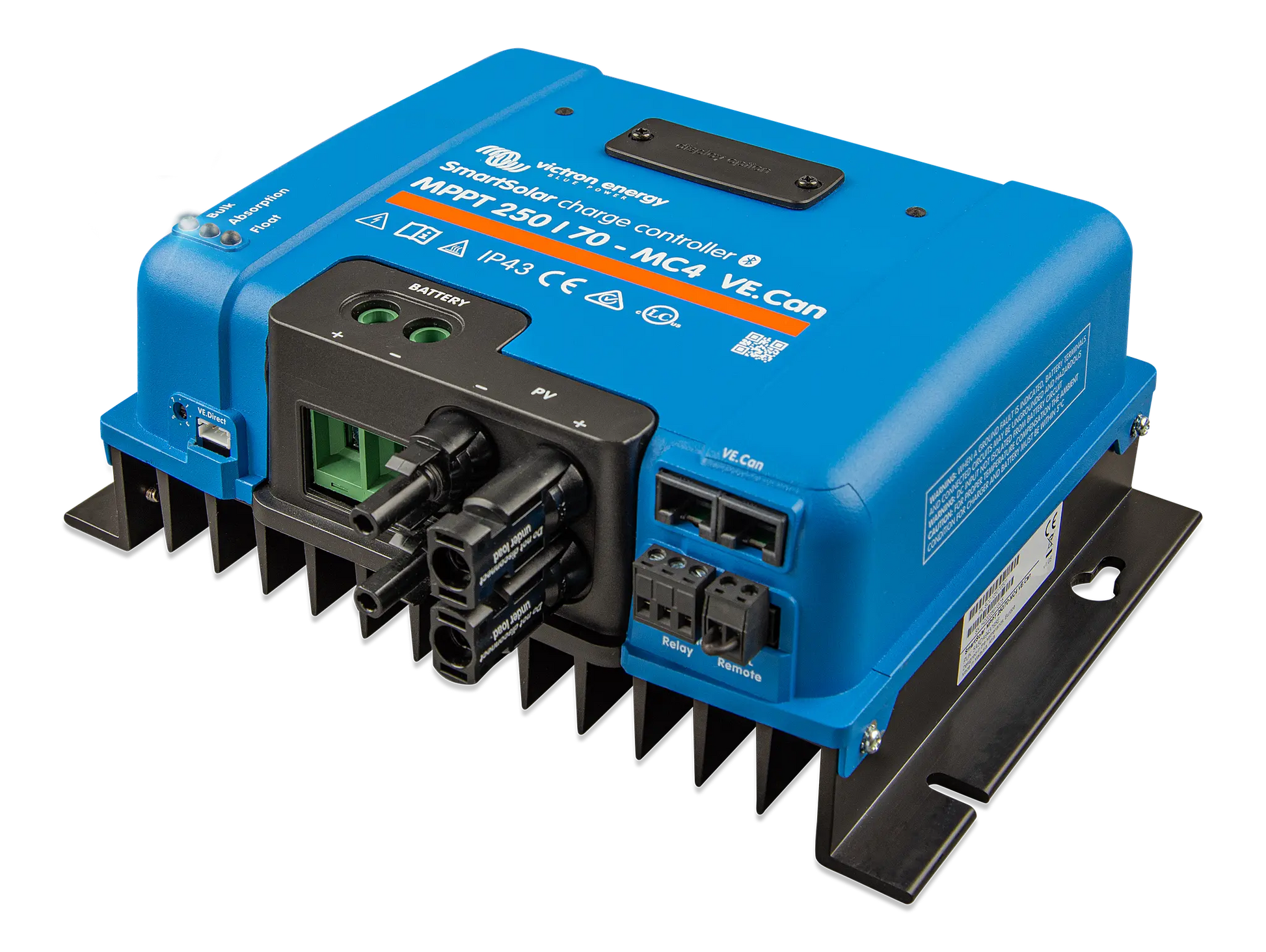 Blue power regulator with connectors on a white background