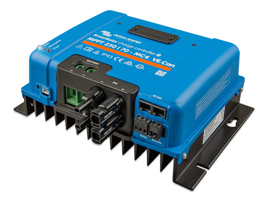 Blue power regulator with connectors on a white background