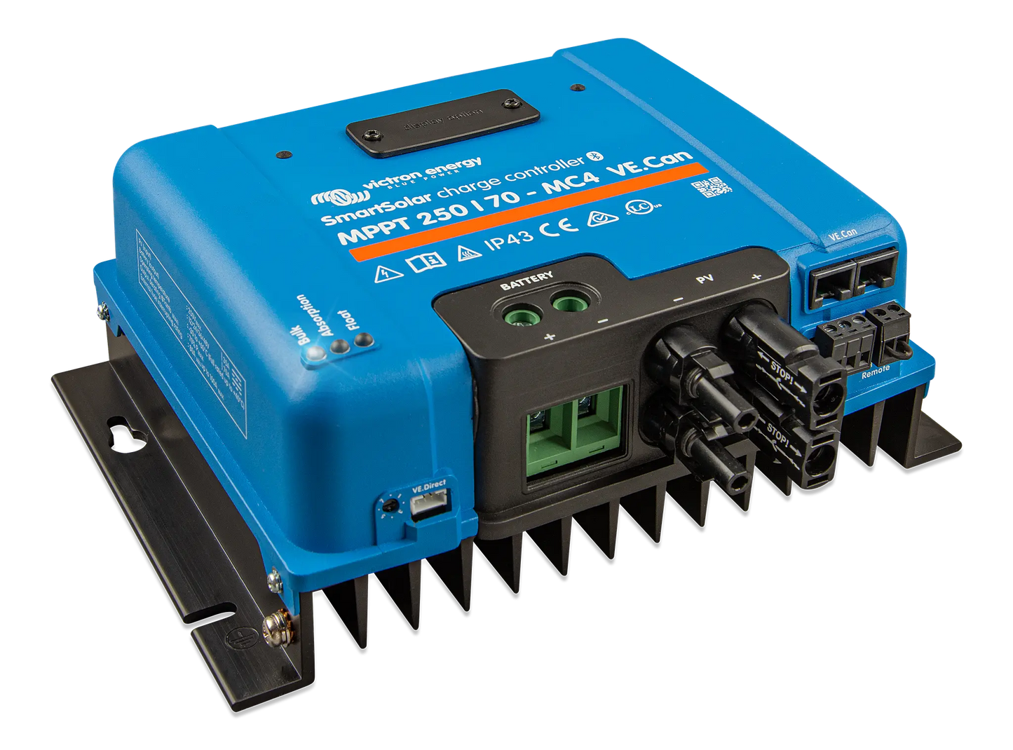 Blue electronic device with connectors on a white background