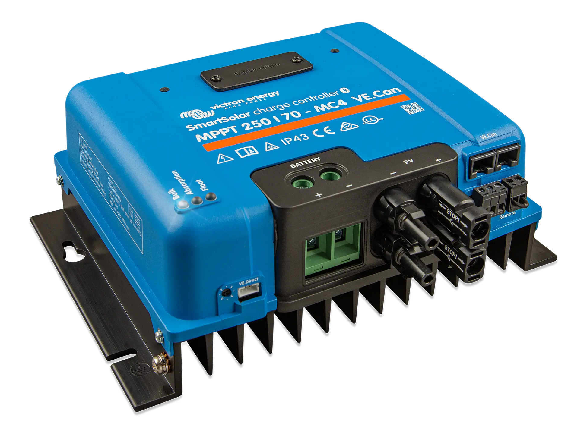 Blue electronic device with connectors on a white background