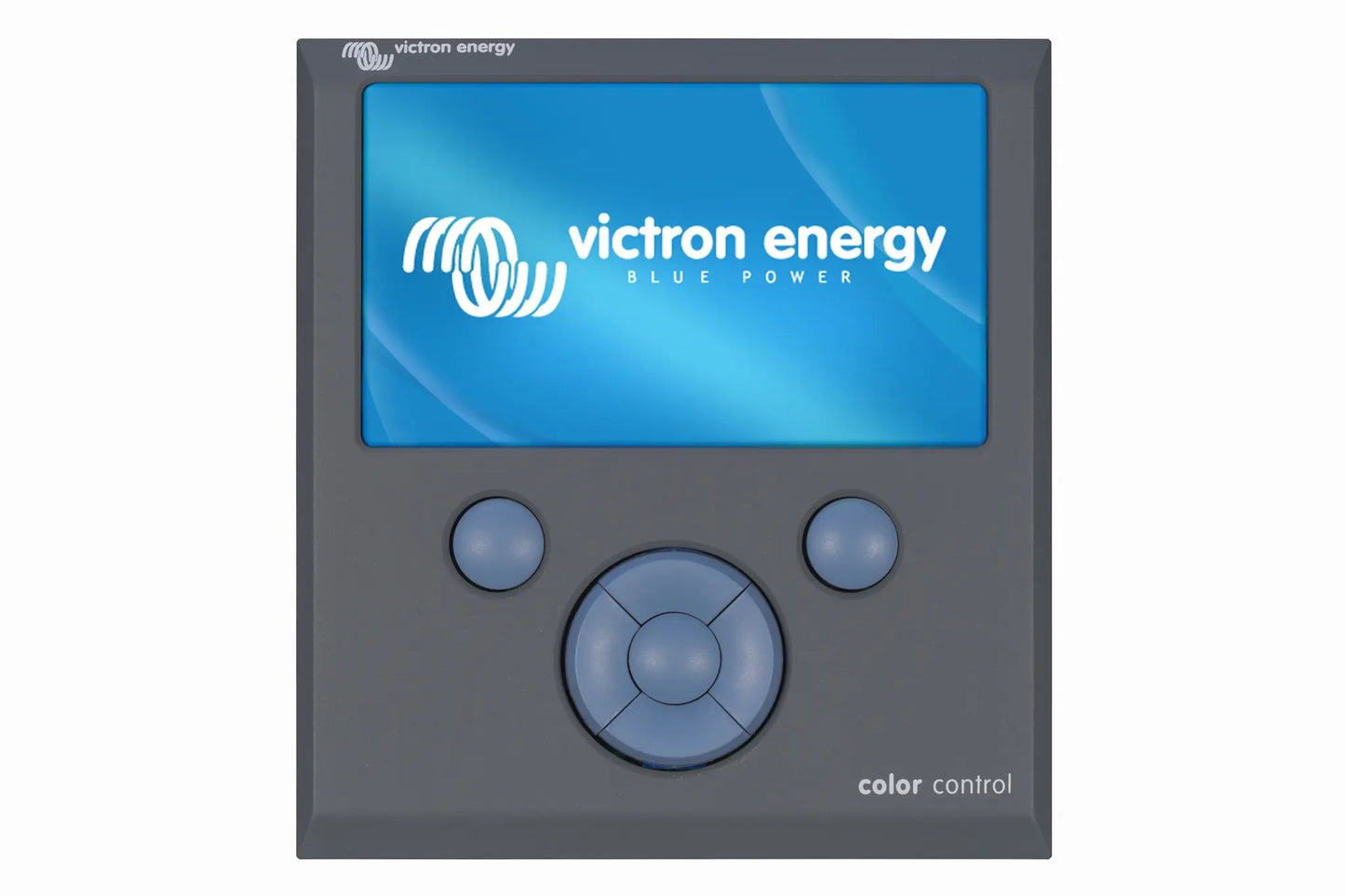 Victron Energy color control device with blue screen and gray casing on a white background