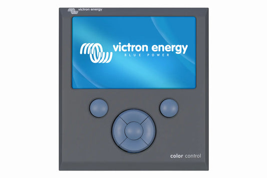 Victron Energy color control device with blue screen and gray casing on a white background