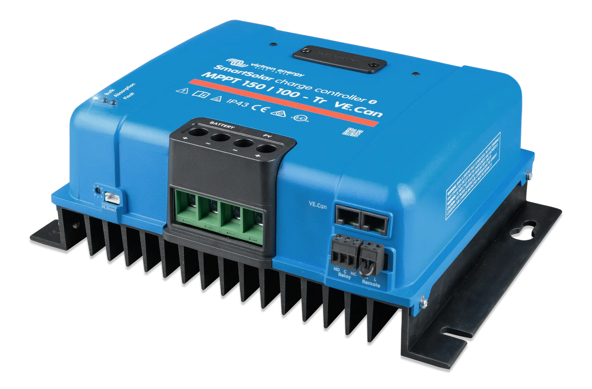 Blue electronic device with various connectors on a white background