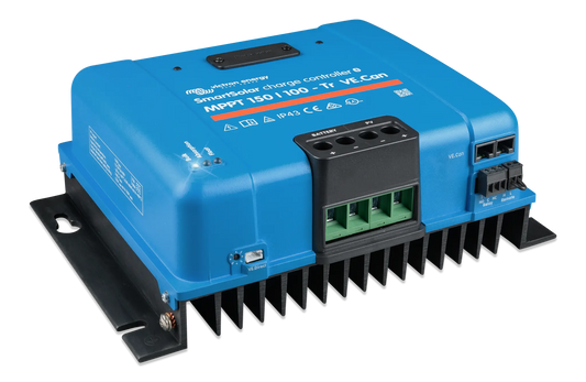 Blue electronic device with various connectors on a white background