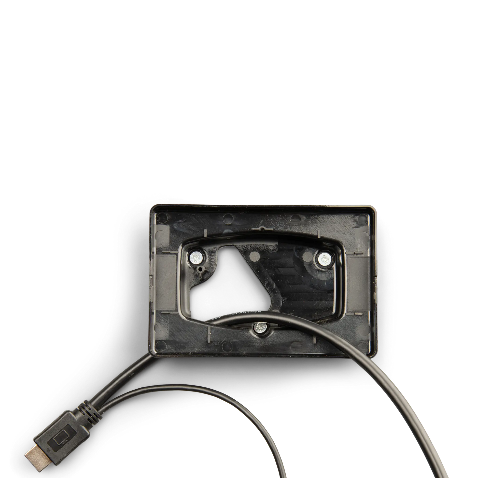 Black rectangular device with a cable on a white background