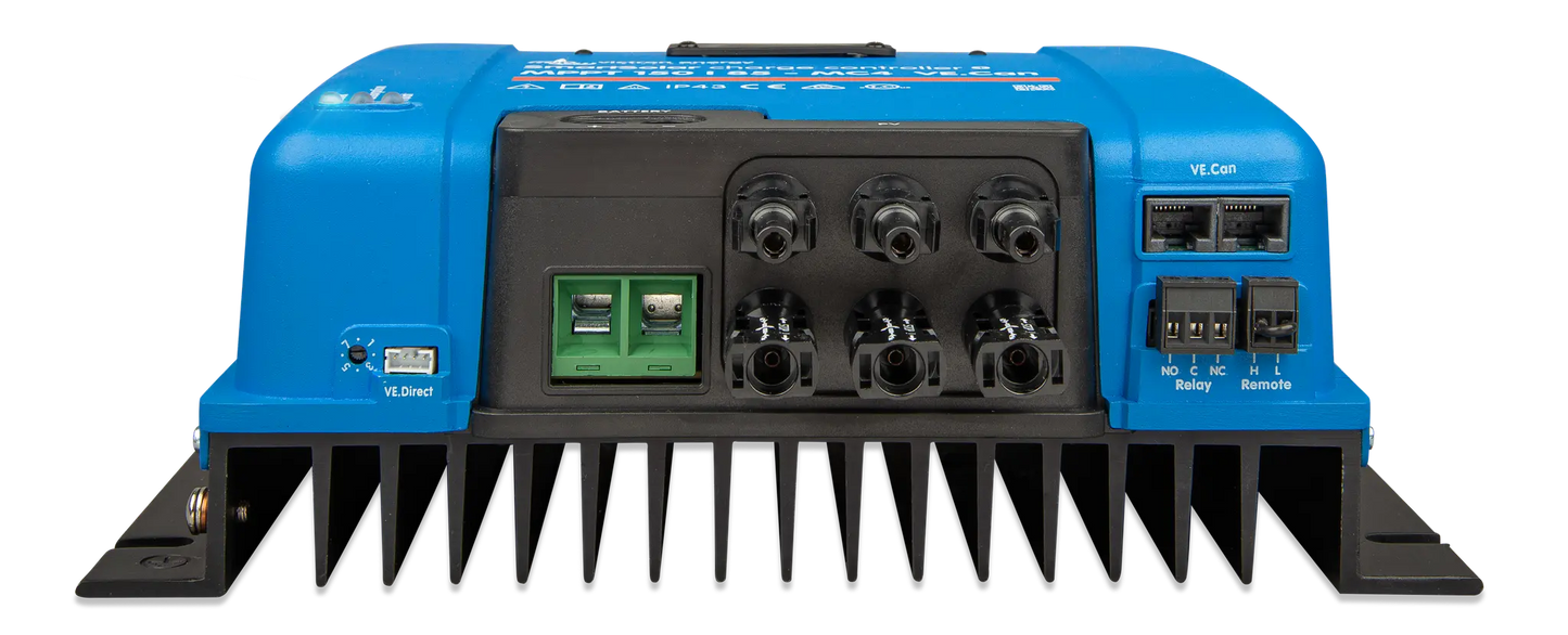 Blue power inverter with multiple connectors on a white background