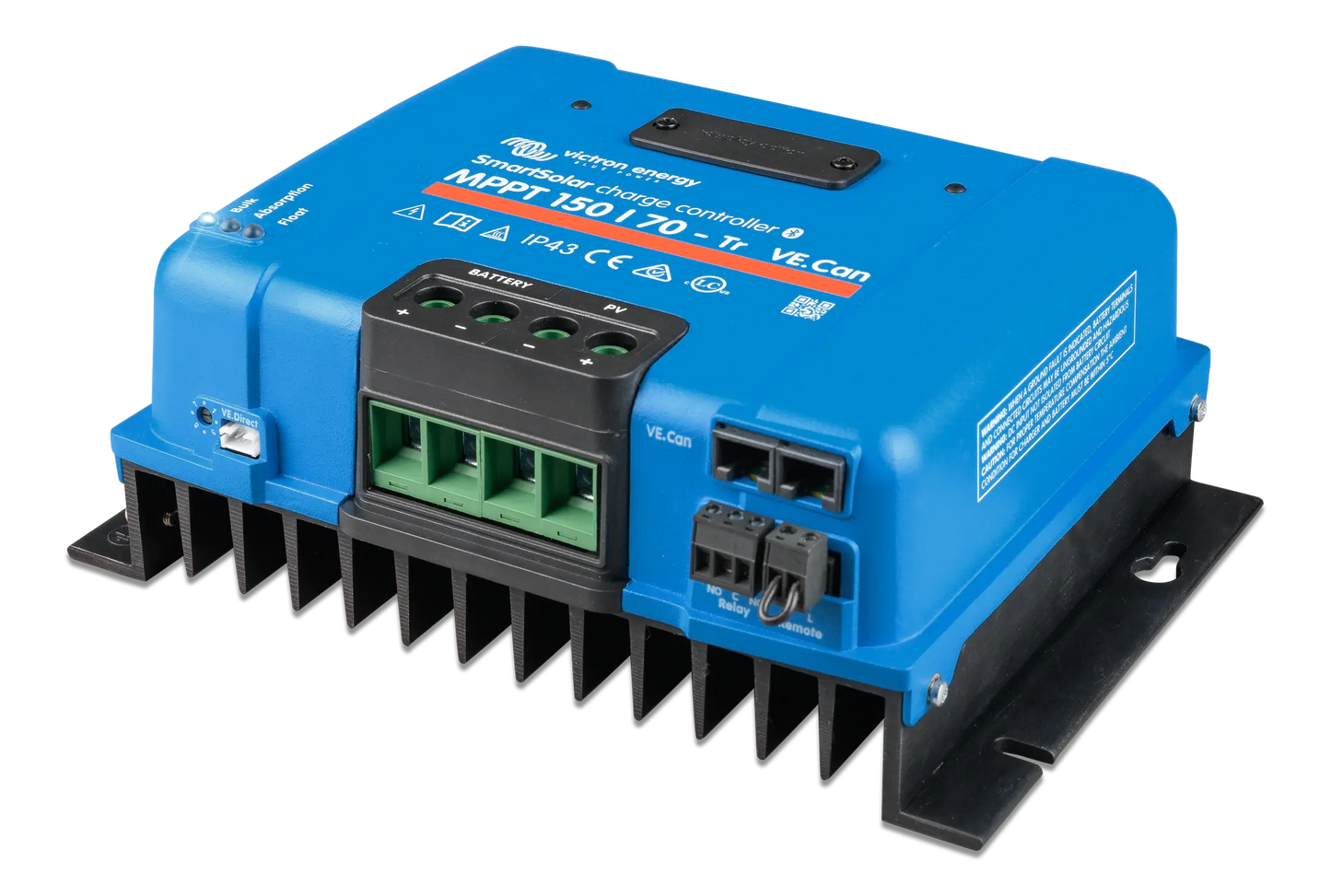 Blue electronic device with green connectors on a white background