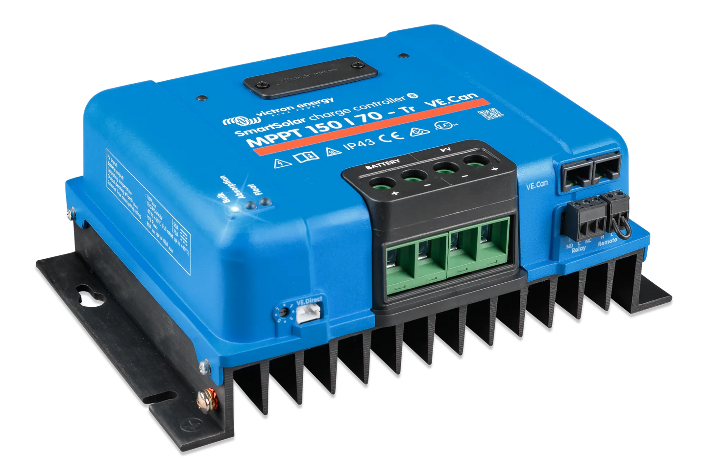 Blue power converter with multiple connectors on a white background