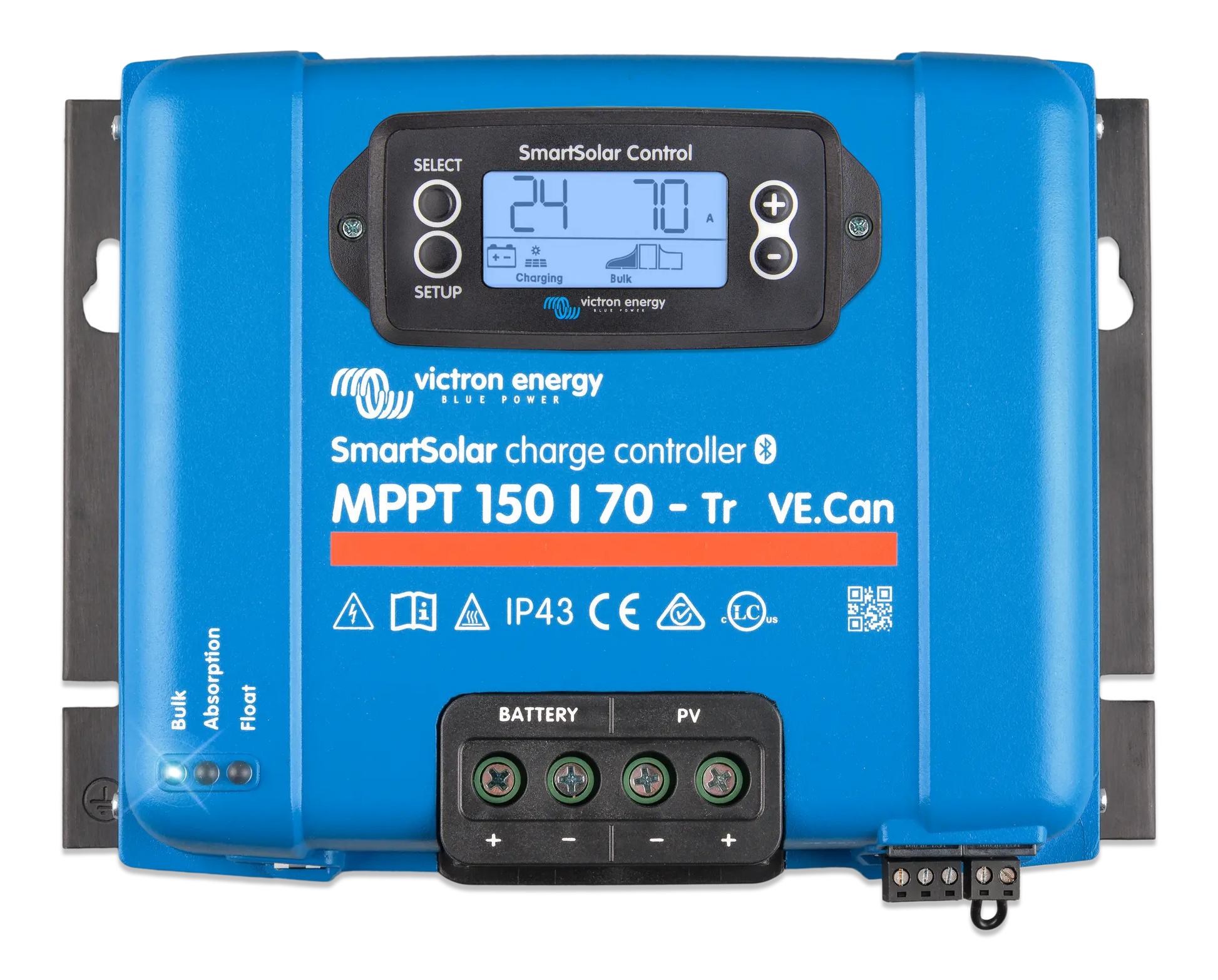 Blue Victron Energy SmartSolar charge controller on a white background