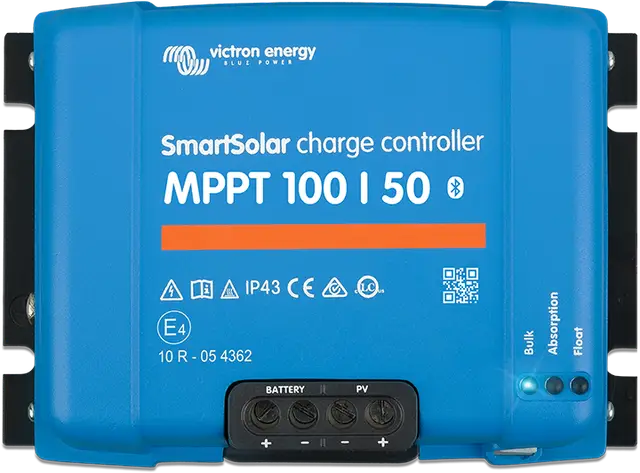 Blue Victron Energy SmartSolar charge controller with label on a white background