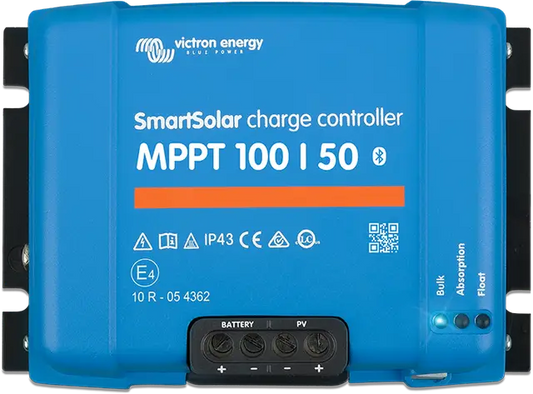 Blue Victron Energy SmartSolar charge controller with label on a white background