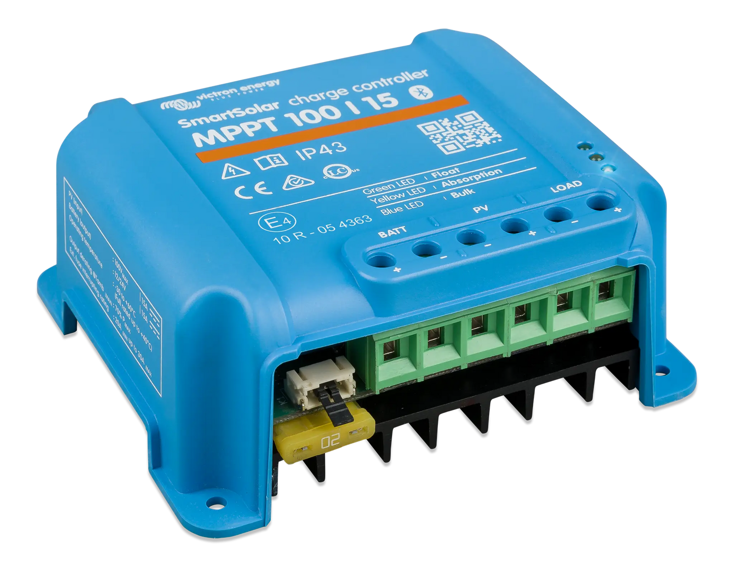 Blue solar charge controller with visible branding on a white background