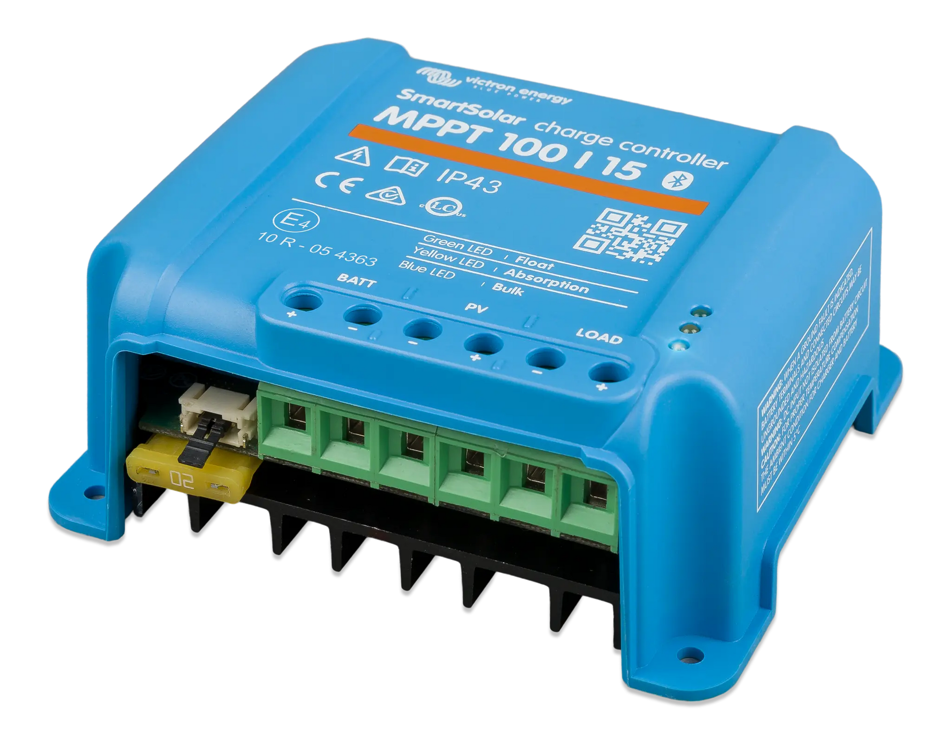 Blue MPPT charge controller with visible branding on a white background