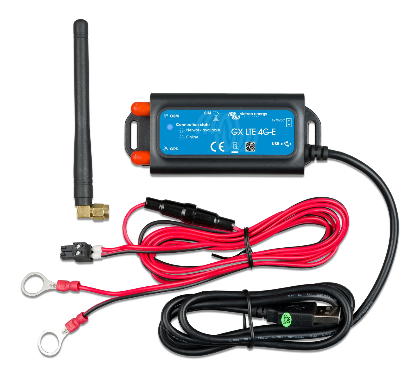 Electrical connector with red and black cables on a white background