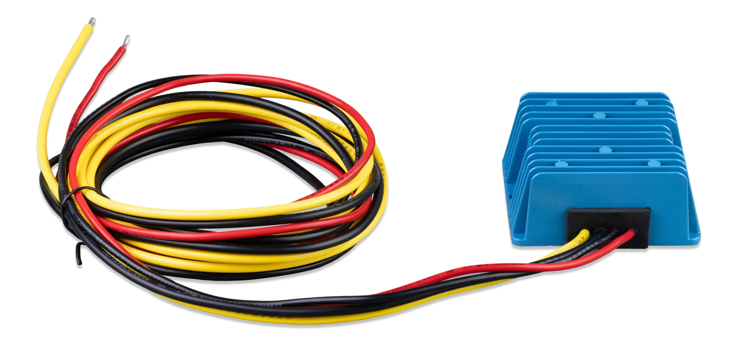 Wires with red, yellow, and black colors and a blue electronic component on a white background