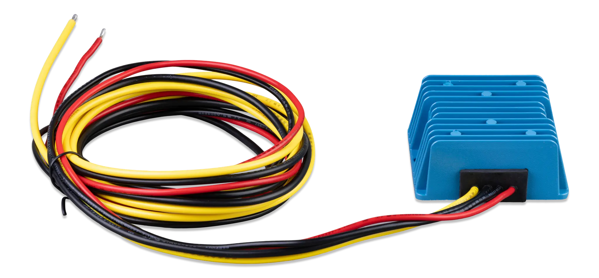 Wires with red, yellow, and black colors and a blue electronic component on a white background