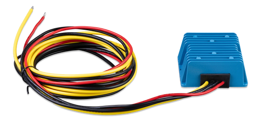 Wires with red, yellow, and black colors and a blue electronic component on a white background