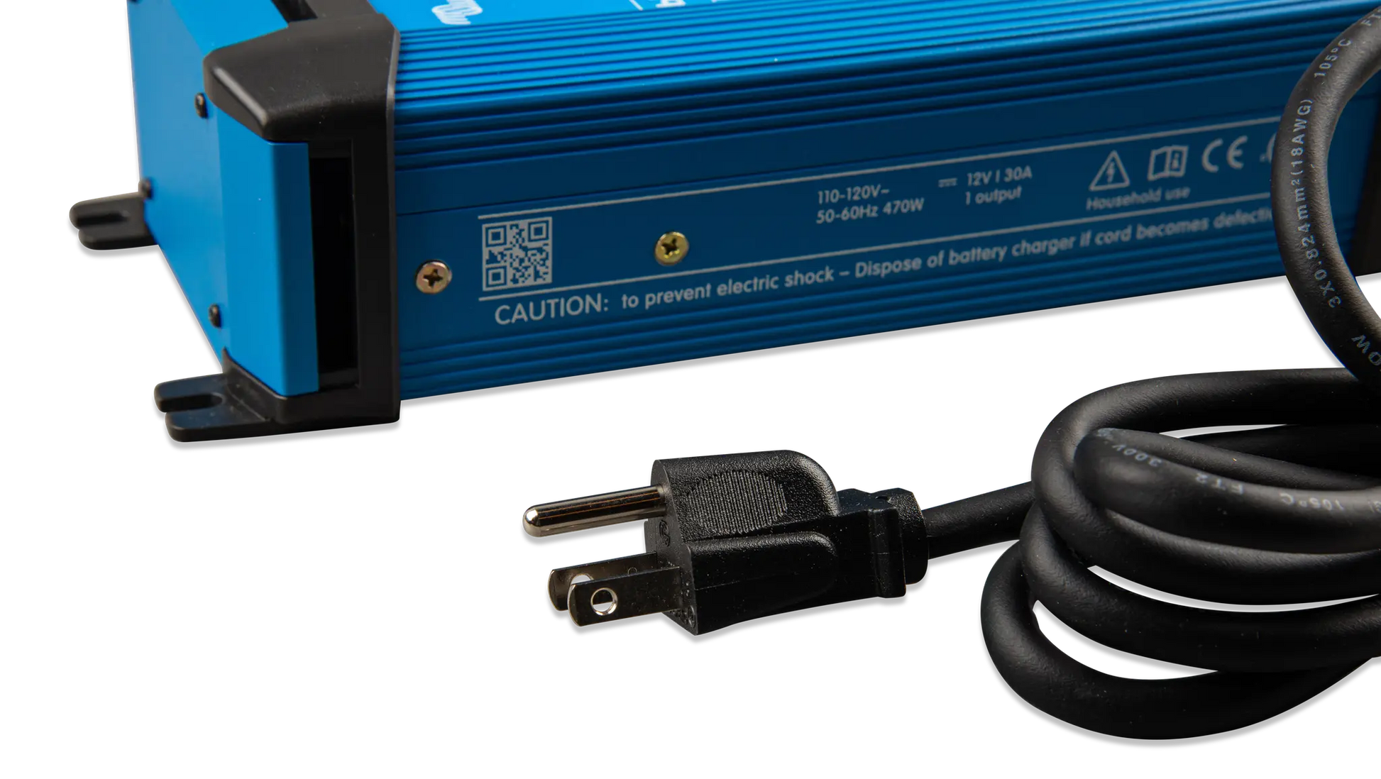 Blue power adapter with black plug and cable on a white background