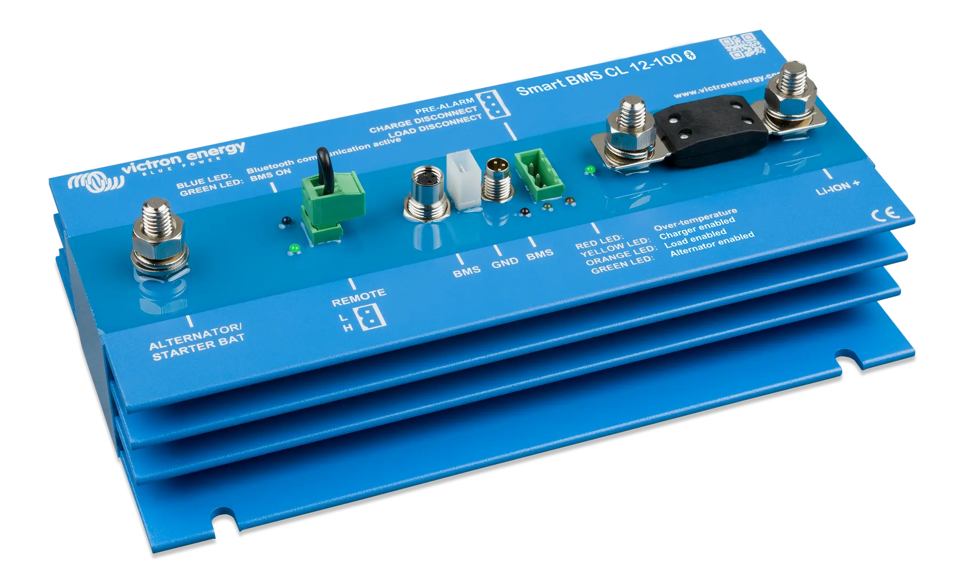 Blue electronic module with labeled components on a white background