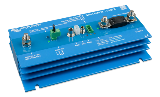 Blue electronic module with labeled components on a white background