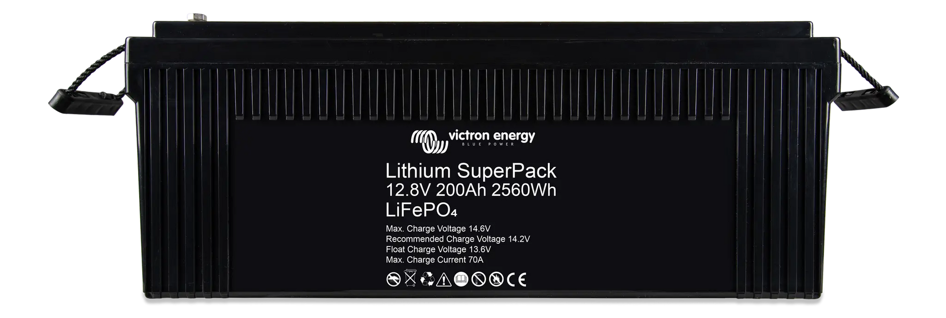 Black lithium superpack battery with Victron Energy branding on a white background
