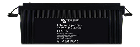 Black lithium superpack battery with Victron Energy branding on a white background