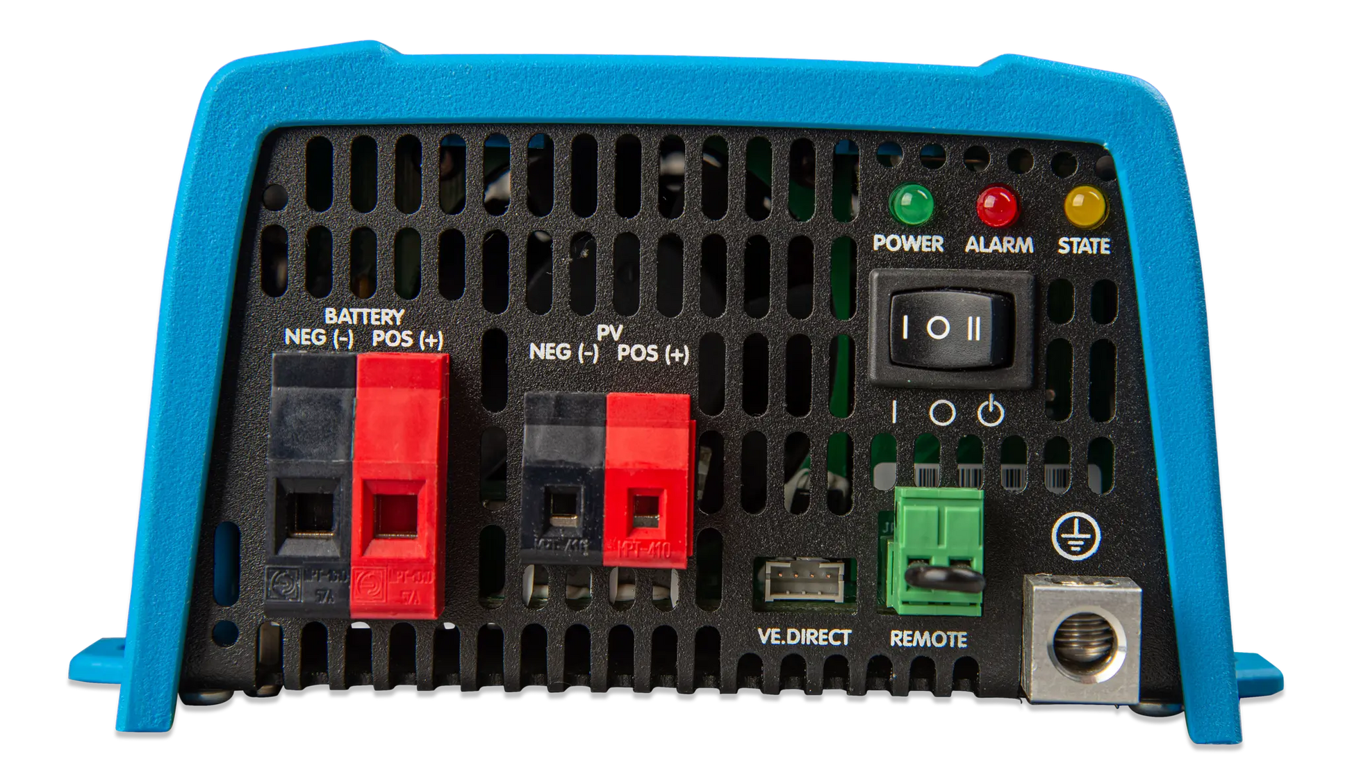 Back view of a power inverter with labeled terminals on a white background