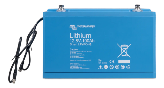 Blue lithium battery with visible branding on a white background