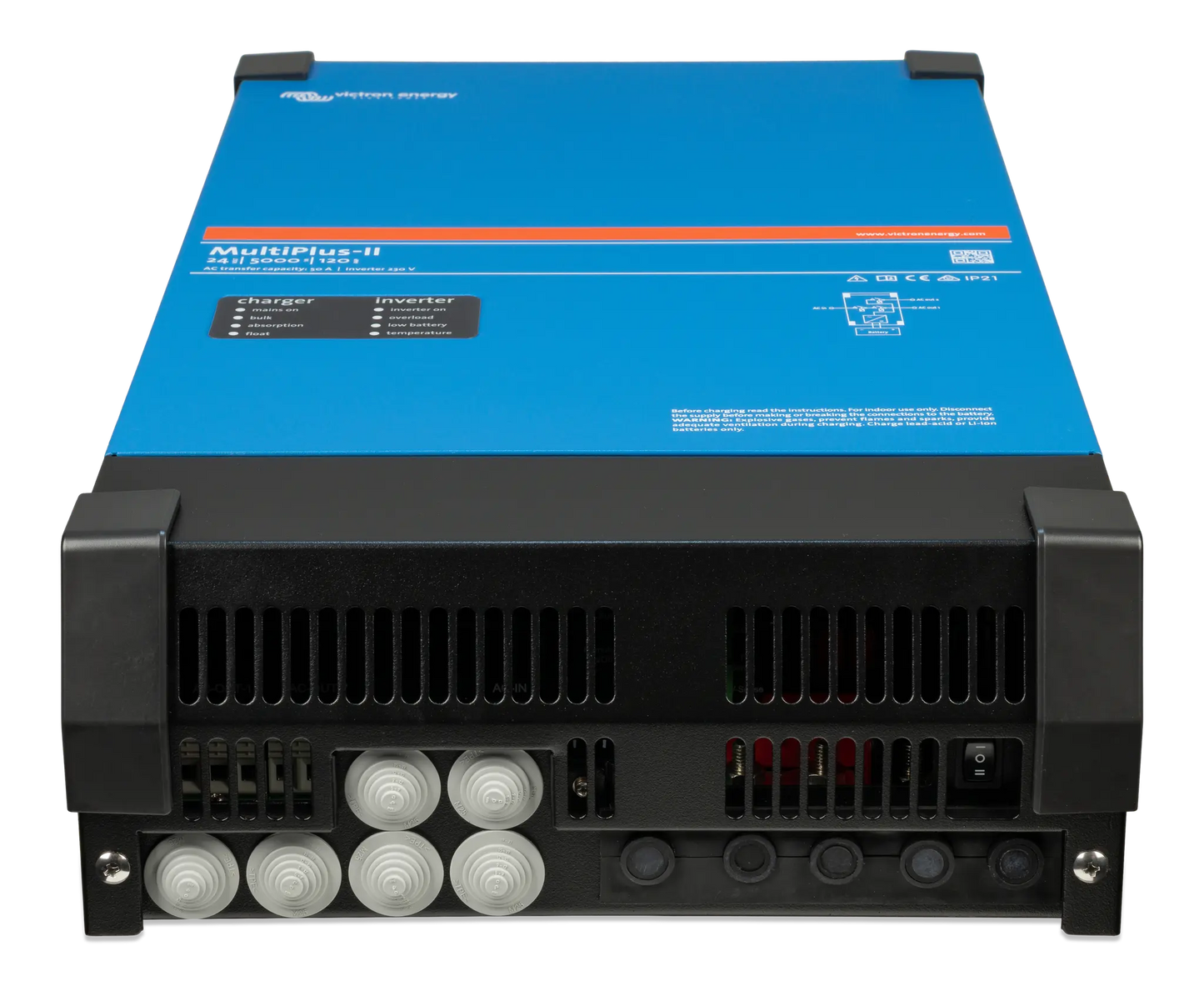 Power inverter with blue top and black bottom on a white background