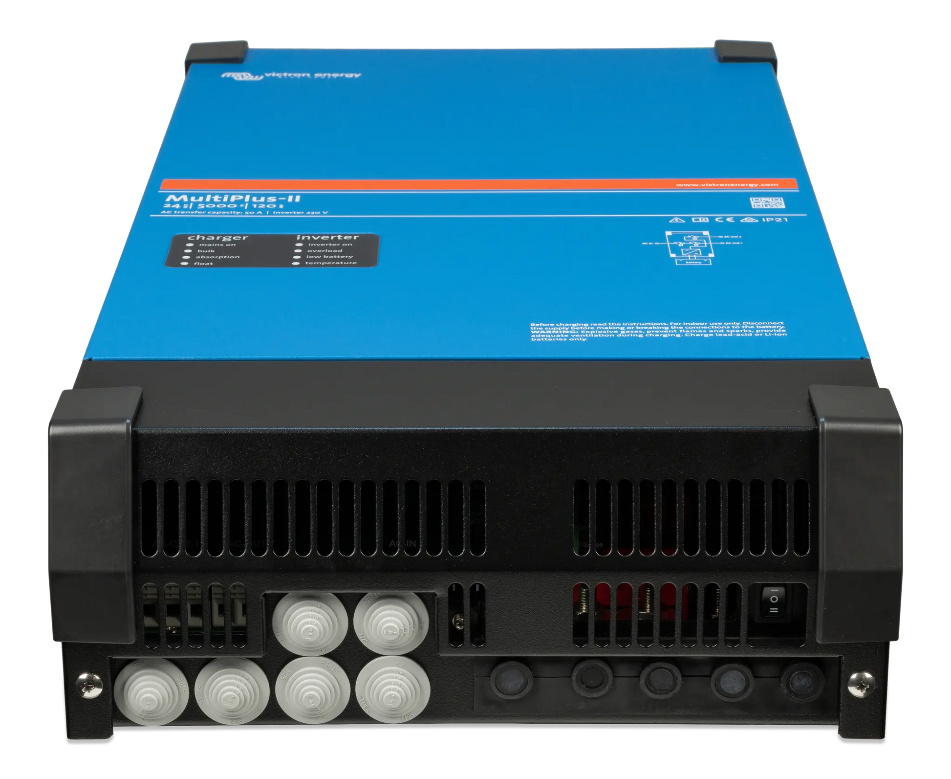 Power inverter with blue top and black bottom on a white background