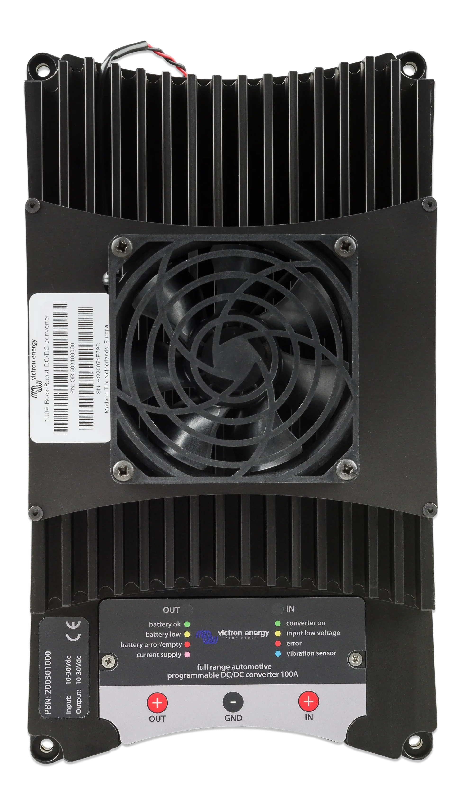 Black electronic device with a fan on a white background