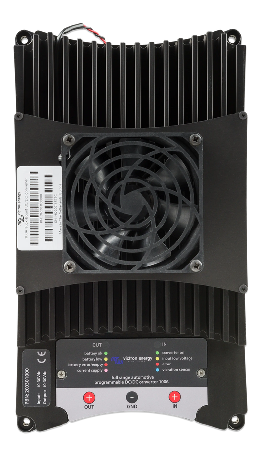 Black electronic device with a fan on a white background