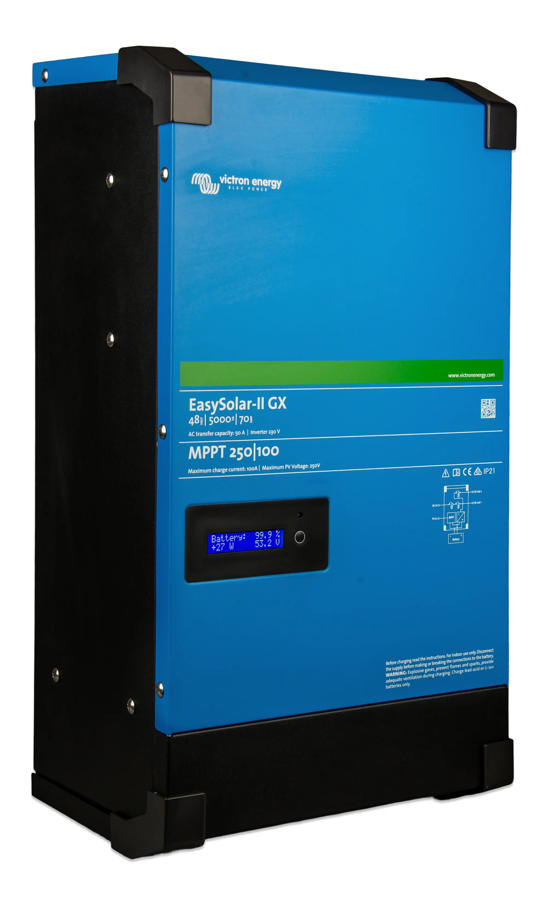 Blue and black power inverter with digital display on a white background