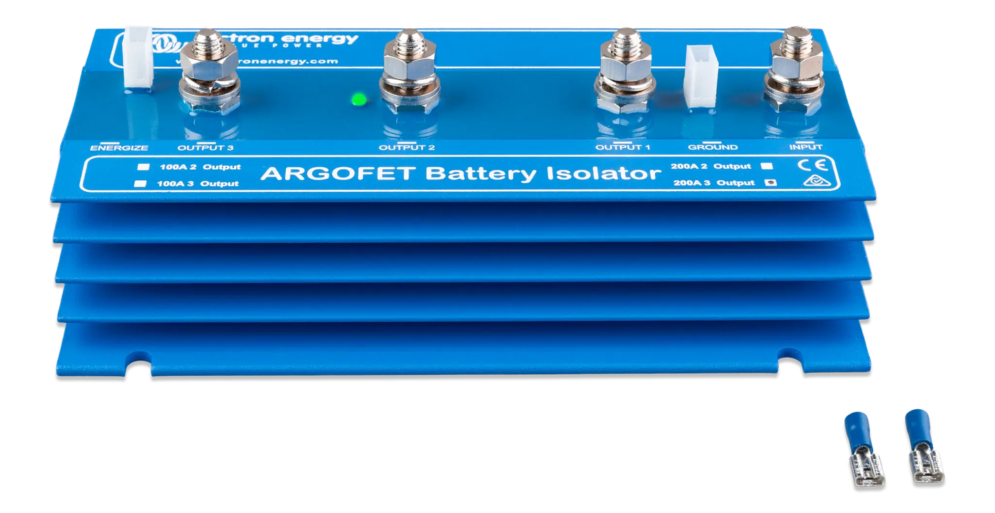 ARGOFET Battery Isolator with blue casing and silver connectors on a white background