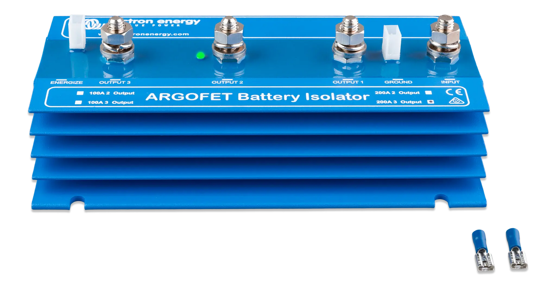 ARGOFET Battery Isolator with blue casing and silver connectors on a white background