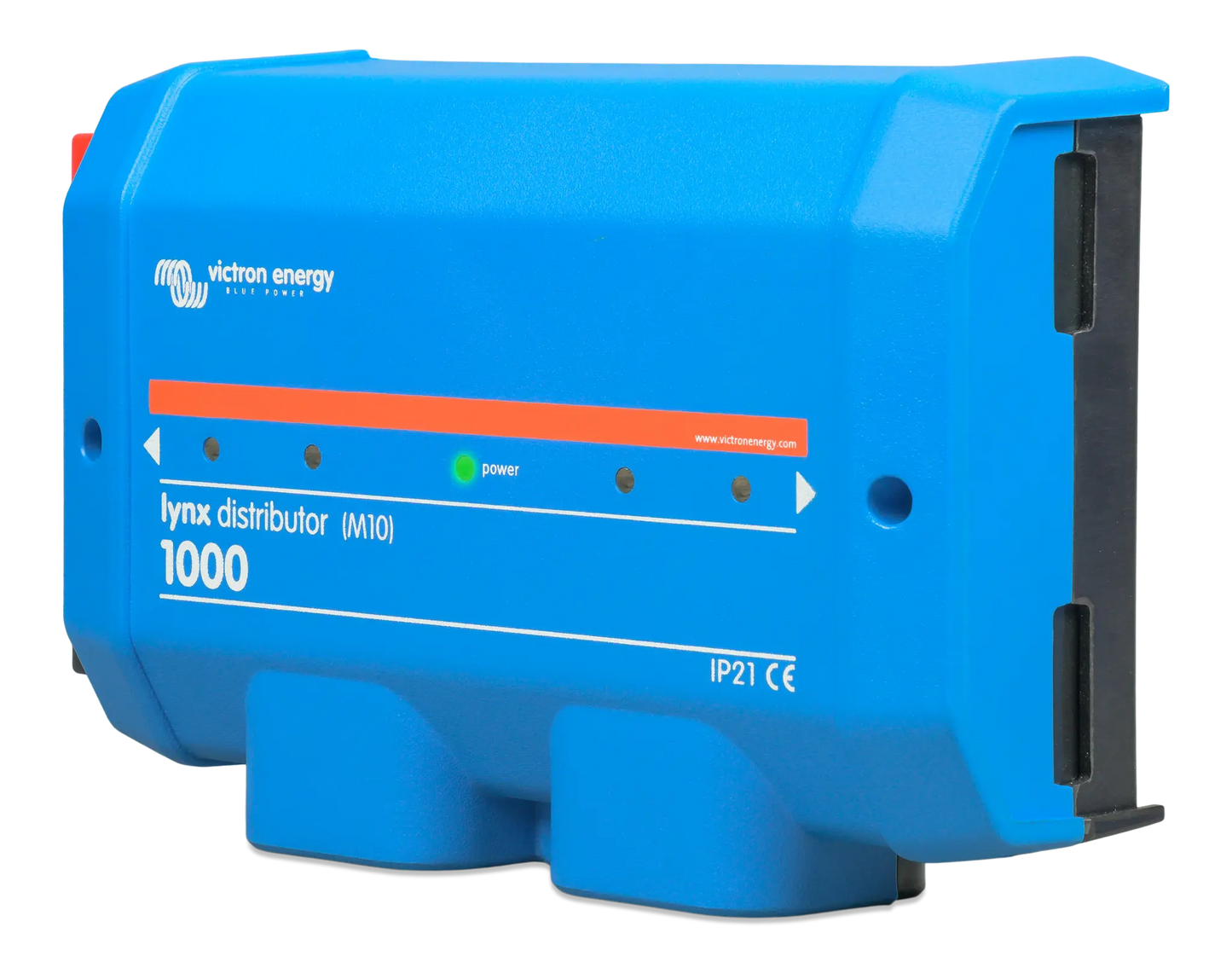 Blue Victron Energy power inverter on a white background