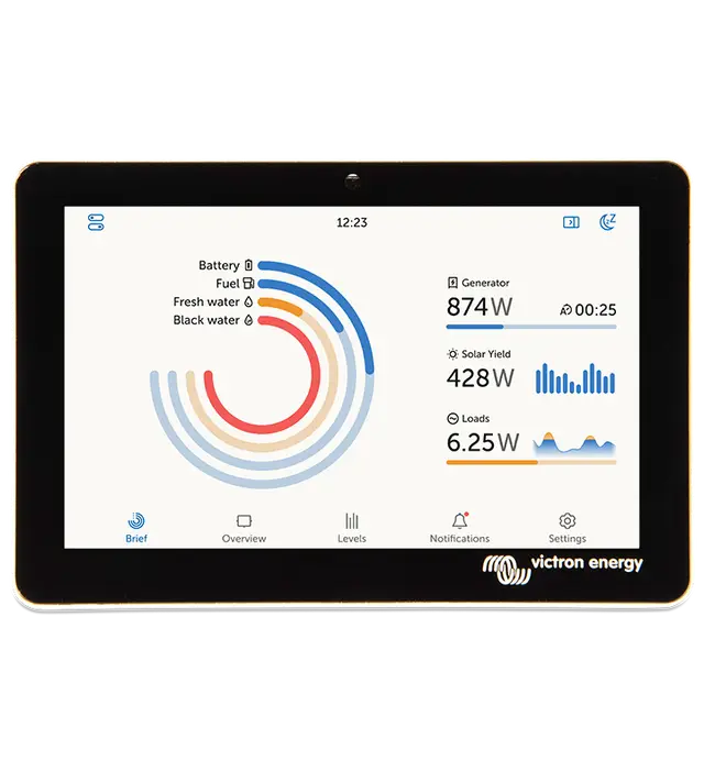 Digital display showing energy statistics with Victron Energy logo