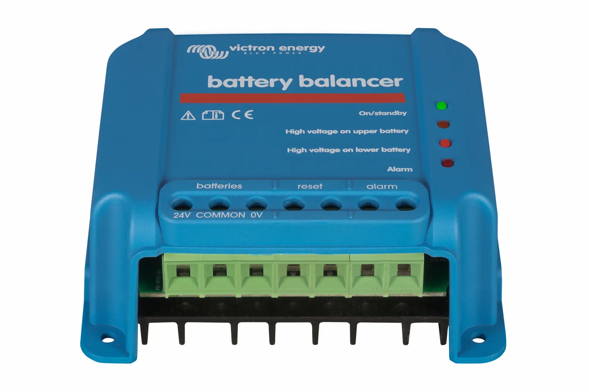 Blue Victron Energy battery balancer on a white background