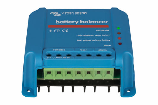 Blue Victron Energy battery balancer on a white background