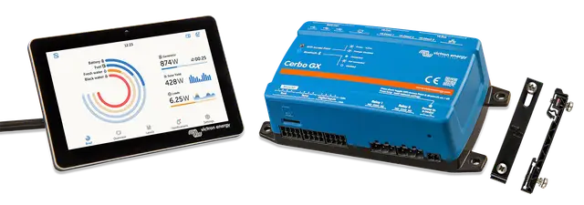 Tablet displaying a power monitoring app next to a blue electronic device on a white background