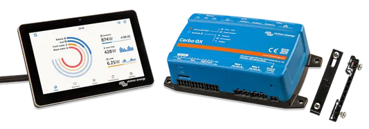 Tablet displaying a power monitoring app next to a blue electronic device on a white background