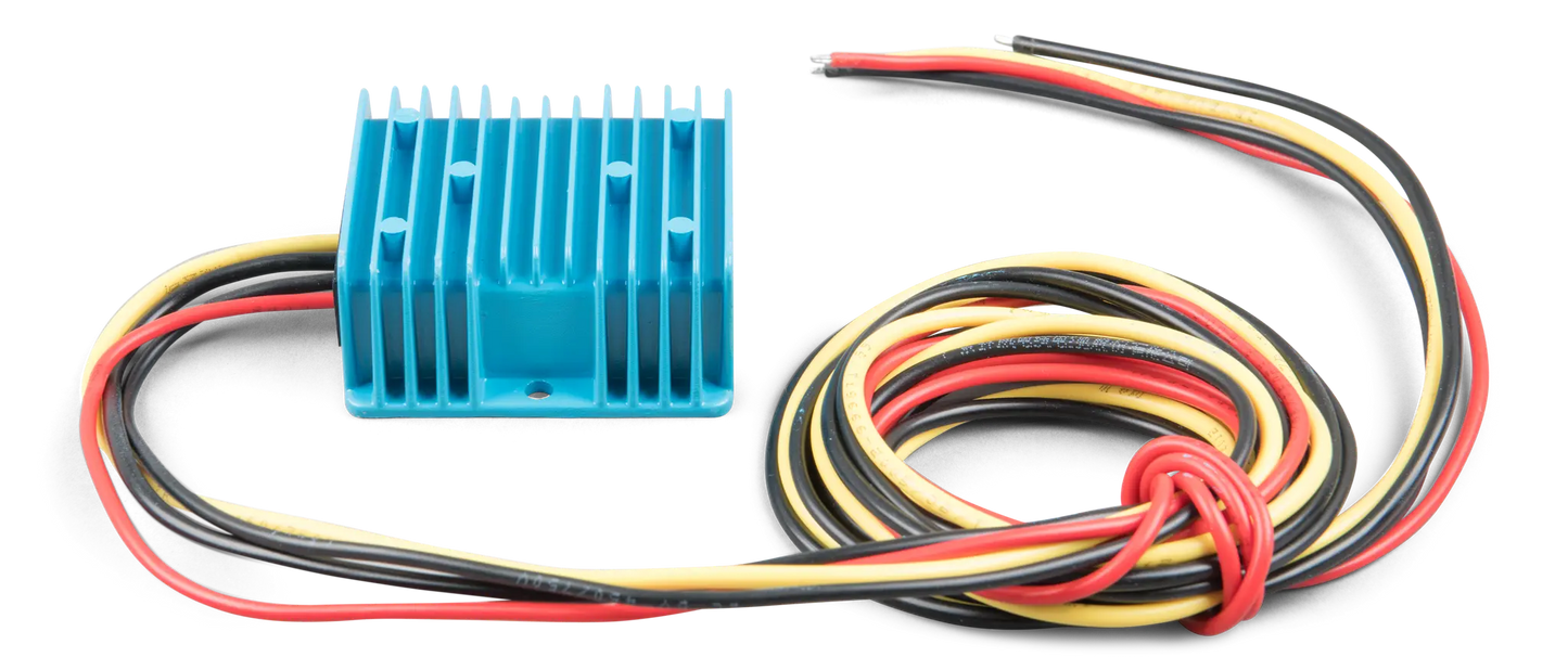 Blue electronic module with multicolored wires on a white background