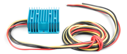 Blue electronic module with multicolored wires on a white background