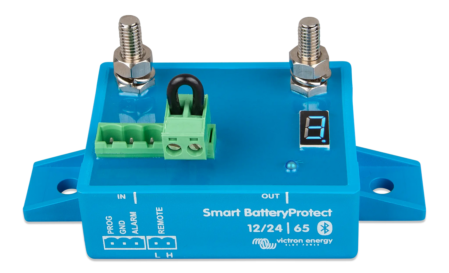 Blue electronic module labeled 'Smart BatteryProtect' with connectors on a white background