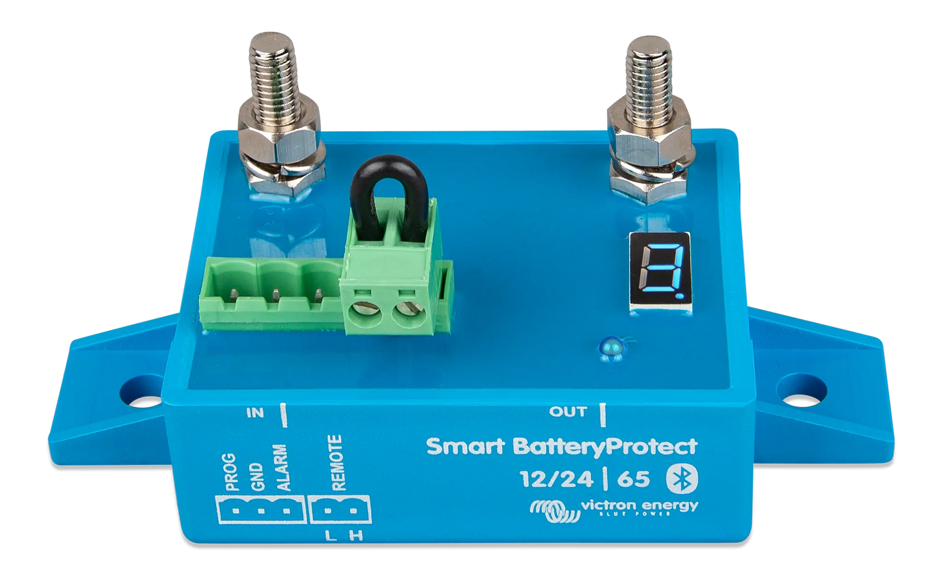 Blue electronic module labeled 'Smart BatteryProtect' with connectors on a white background