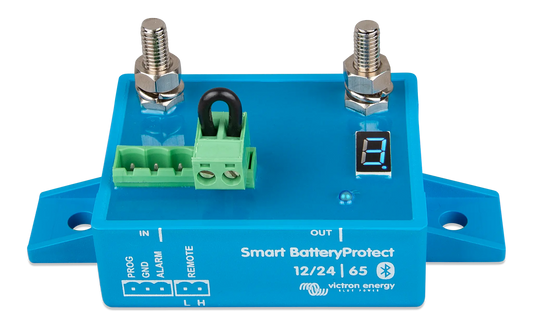 Blue electronic module labeled 'Smart BatteryProtect' with connectors on a white background