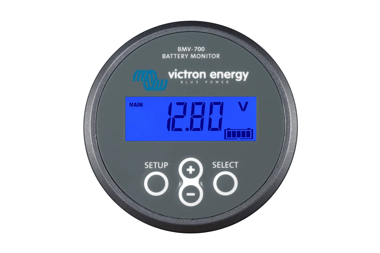 Victron Energy battery monitor with digital display on a white background