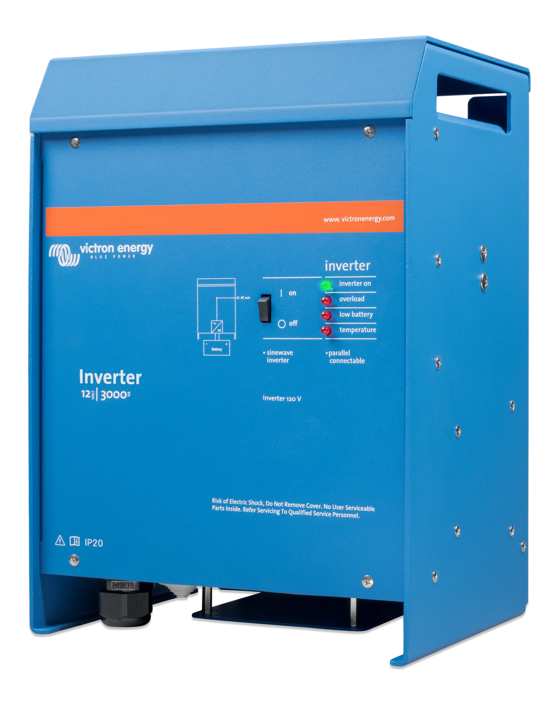 Blue Victron Energy inverter on a white background