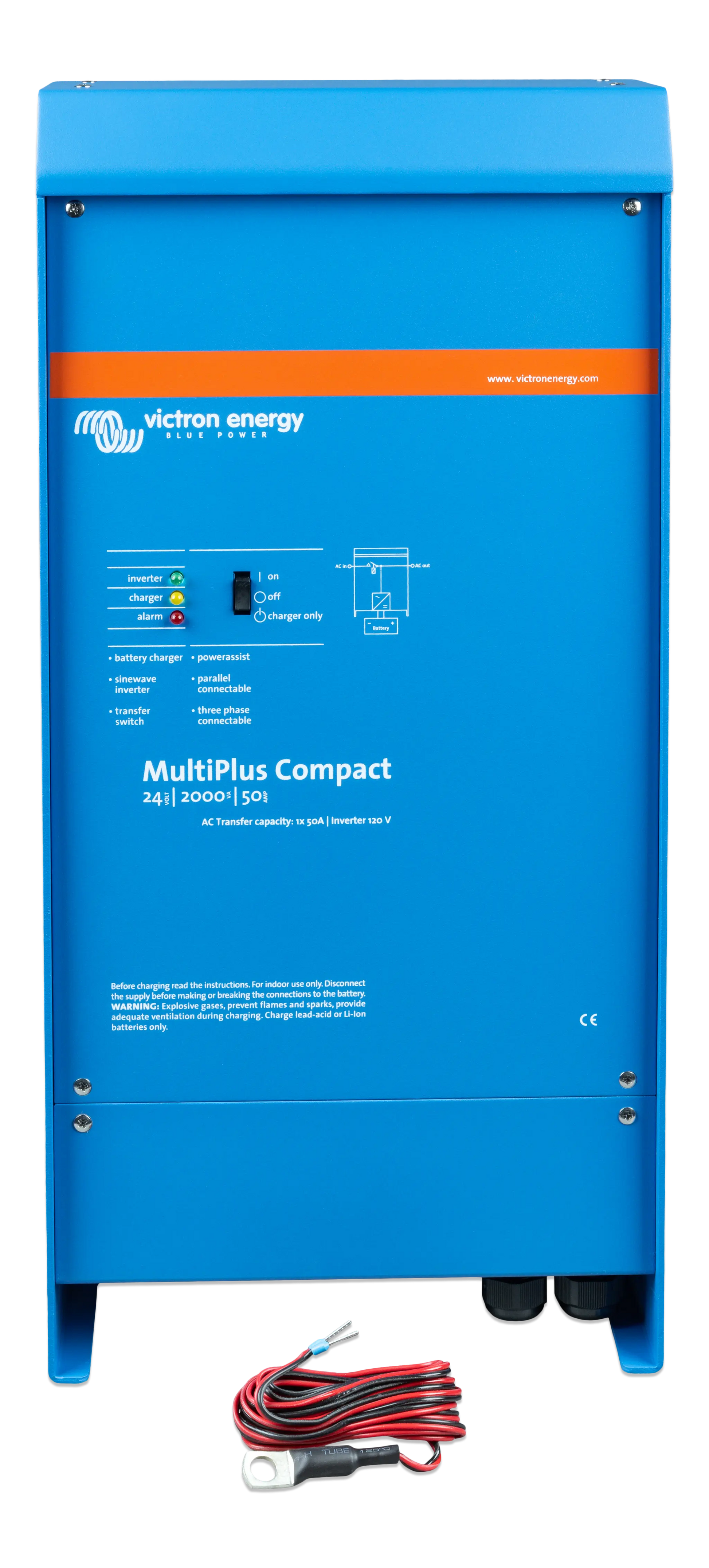 Blue Victron Energy MultiPlus Compact power station with wiring on a white background
