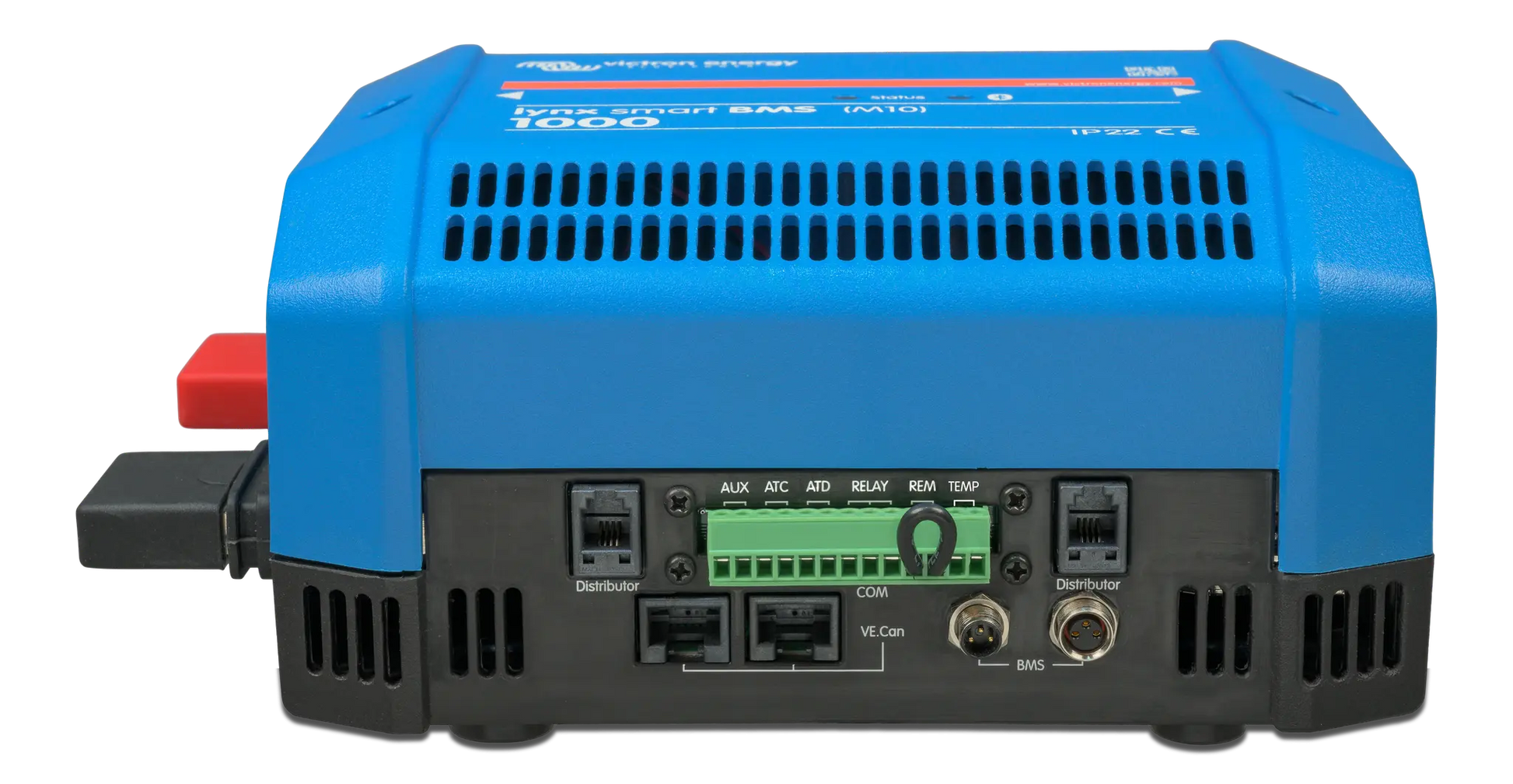 Blue power inverter with visible branding on a white background